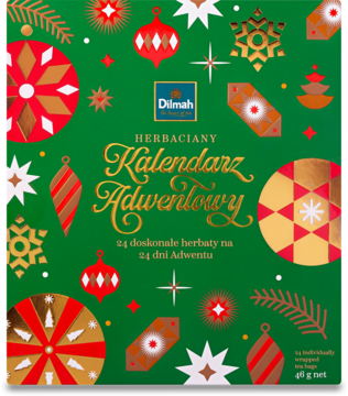 Zielony Kalendarz Adwentowy Dilmah z 24 herbatami, świąteczne wzory, logo i napis, widok z przodu.