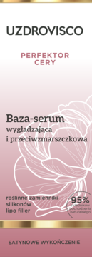 UZDROVISCO Perfektor Cery baza-serum: wygładza, redukuje zmarszczki. Biało-różowe opakowanie z kwiatami, satynowe.