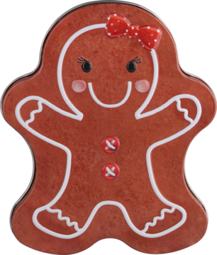 Metalowa puszka na ciasteczka w kształcie ludzika piernikowego z czerwoną kokardą i białym lukrem, widok z przodu.