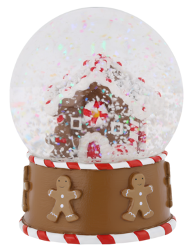 Kula śnieżna z domkiem z piernika, pokryta białym brokatem, na brązowej podstawie z dwoma ludzikami z piernika.