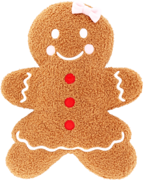 Miękki pluszowy piernikowy ludzik z brązowego materiału, białym lukrem i czerwonymi guzikami, z różową kokardką na głowie.