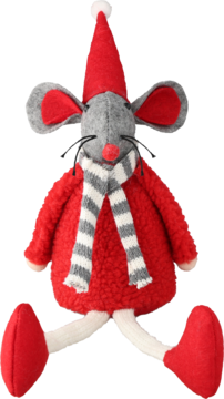 Pluszowa mysz świąteczna w czerwonym płaszczu i czapce, z szarym tułowiem i szalikiem w paski, siedząca figurka.