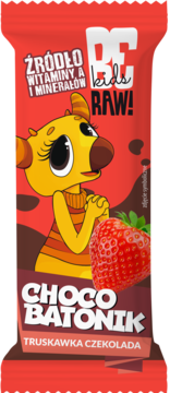 Czerwony batonik BeRAW! Kids Choco Truskawka Czekolada, z misiem i truskawką, źródło witamin A i minerałów.