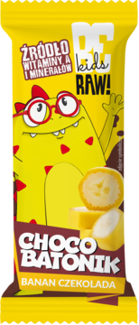 Żółty baton BeRAW! Kids Choco Banan, z dinozaurem w okularach, widok z przodu, źródło witamin A i minerałów.