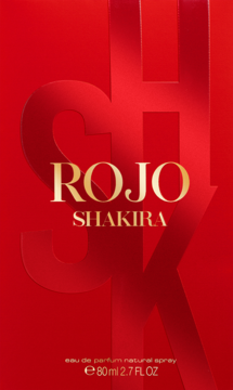 Perfumy Shakira ROJO w czerwonym pudełku z złotym napisem i wytłoczonym logo SHK, widok z przodu.