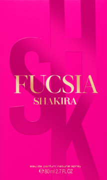 Różowe, pionowe opakowanie perfum Shakira Fucsia z dużym złotym napisem FUCSIA i subtelnym logo SH w tle.