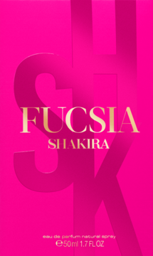 Fuksjowe pudełko perfum Shakira Fucsia 50ml, z wytłoczonymi literami S i K oraz złotymi napisami, widok z przodu.