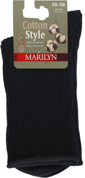 Czarne, prążkowane skarpetki damskie Marilyn Cotton Style, długie, bawełniane, złożone, widok z przodu z metką.