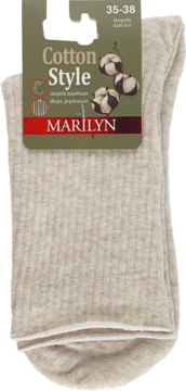 Beżowe prążkowane skarpetki damskie Marilyn Cotton Style, długie, z metką i ilustracją bawełny.
