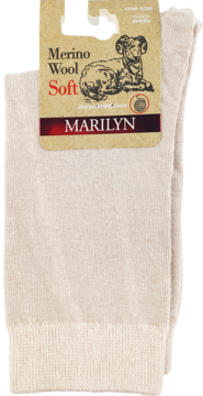 Beżowe damskie skarpetki Marilyn z miękkiej wełny merino, z metką Soft i owcą, widok z przodu.