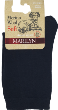 Czarne skarpetki damskie Marilyn Merino Wool Soft z wełny, na kartonowej etykiecie baranek, widok z przodu.