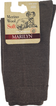 Brązowe, złożone skarpetki damskie Marilyn Merino Wool Soft. Na metce grafika owcy, napis i informacja 'jeden rozmiar'.