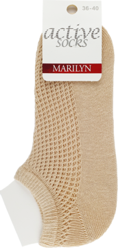 Beżowe bawełniane skarpetki żakardowe Marilyn Active SOCKS z metką, widok z przodu. Płaski szew dla komfortu.