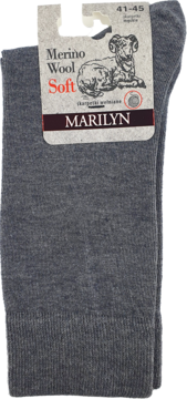 Szare, męskie skarpety Marilyn Merino Wool Soft, złożone, z etykietą przedstawiającą owcę, widok z przodu.