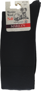 Czarne, męskie skarpety MARILYN z miękkiej wełny merynosowej, z etykietą i grafiką owcy.