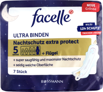 Facelle podpaski Ultra Extra nocne ze skrzydełkami, rozmiar 5, granatowe opakowanie, widok z przodu.