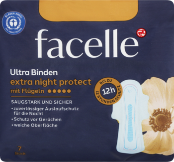 Granatowe opakowanie podpasek Facelle Ultra Extra Night Protect ze skrzydełkami, widok z przodu. Ochrona do 12h.