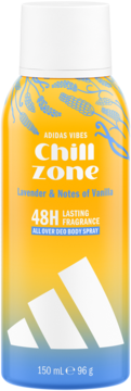 Dezodorant Adidas Vibes Chill Zone Lavender & Vanilla, żółto-niebieska butelka 150ml z logo, widok z przodu.