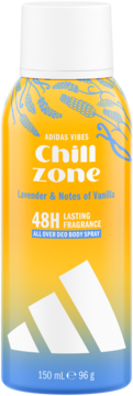 Dezodorant Adidas Vibes Chill Zone Lavender & Vanilla, żółto-niebieska butelka 150ml z logo, widok z przodu.