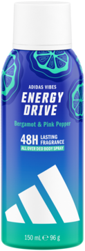 Adidas Vibes Energy Drive dezodorant 150ml, niebiesko-zielona butelka, zapach Bergamot & Pink Pepper, widok przód.