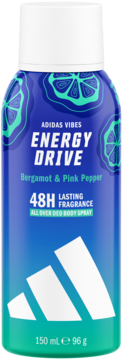 Adidas Vibes Energy Drive dezodorant 150ml, niebiesko-zielona butelka, zapach Bergamot & Pink Pepper, widok przód.
