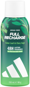 Zielony dezodorant do ciała Adidas Full Recharge 150ml, zapach Cedar Leaf & Clary Sage, widok z przodu.