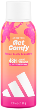 Adidas Vibes Get Comfy deo body spray, Vanilla & Mandarin, 48H, pink and orange cylindrical can, frontal view.