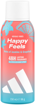 Adidas Happy Feels dezodorant w sprayu, różowo-niebieski, z wzorami rozgwiazd, jaśmin & grejpfrut, widok z przodu.