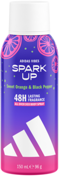Fioletowy dezodorant do ciała w sprayu Adidas Vibes Spark Up 48H, Sweet Orange & Black Pepper, 150ml, widok z przodu.