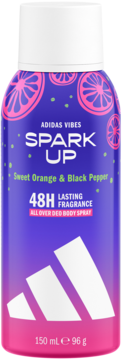 Fioletowy dezodorant do ciała w sprayu Adidas Vibes Spark Up 48H, Sweet Orange & Black Pepper, 150ml, widok z przodu.