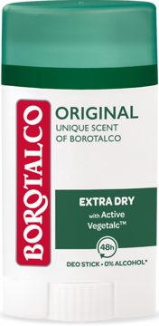 Biały dezodorant w sztyfcie Borotalco Original Extra Dry 48h z Active Vegetalc™, zieloną nakrętką, widok z przodu.