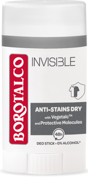 Biały dezodorant w sztyfcie Borotalco Invisible Anti-Stains Dry z czerwoną etykietą, widok z przodu.