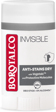 Biały dezodorant w sztyfcie Borotalco Invisible Anti-Stains Dry z czerwoną etykietą, widok z przodu.