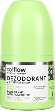 Jasnozielony dezodorant roll-on so!flow z postbiotykiem, o zapachu zielonego melona z aloesem, widok z przodu.