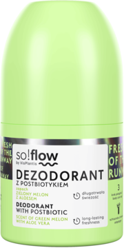 Jasnozielony dezodorant roll-on so!flow z postbiotykiem, o zapachu zielonego melona z aloesem, widok z przodu.