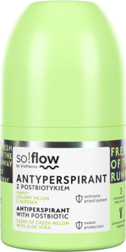 So!flow antyperspirant roll-on z postbiotykiem, zielony melon z aloesem, w jasnozielonej butelce, widok z przodu.