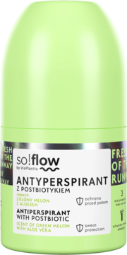 So!flow antyperspirant roll-on z postbiotykiem, zielony melon z aloesem, w jasnozielonej butelce, widok z przodu.