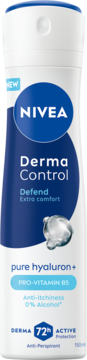 NIVEA Derma Control Defend antyperspirant z hialuronem+ i B5, biała butelka, niebieska etykieta, widok z przodu.