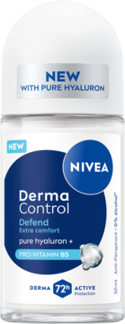 NIVEA Derma Control 72h antyperspirant w kulce, biała butelka, czysty hialuron i B5, widok z przodu.