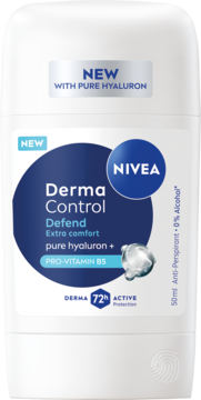 NIVEA Derma Control Defend antyperspirant w sztyfcie, biały z niebieską etykietą, z hialuronem i 72h ochroną, widok z przodu.