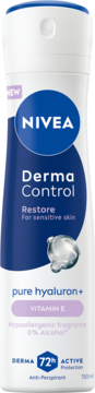 Antyperspirant NIVEA Derma Control Restore, biało-niebieski, dla wrażliwej skóry, z hialuronem i witaminą E.