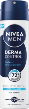 Nivea Men Derma Control Defend 72H anti-perspirant spray, biała puszka z granatową etykietą, widok z przodu.