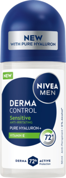 Nivea Men Derma Control 72h Sensitive antyperspirant roll-on z kwasem hialuronowym i wit. E, widok z przodu.