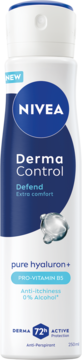 Biały antyperspirant NIVEA Derma Control Defend, 72h ochrony, z kwasem hialuronowym i B5, widok z przodu.