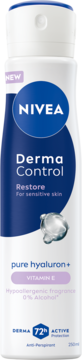 Biała butelka NIVEA Derma Control Restore antyperspirant z hialuronem i witaminą E, dla skóry wrażliwej, widok z przodu.