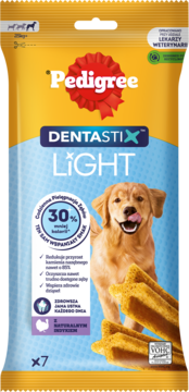 Żółto-niebieska paczka Pedigree Dentastix Light, niskokalorycznych przysmaków dla psa. Pies, 7 X-kształtnych smakołyków na zęby.