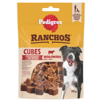 Pedigree Ranchos Cubes, wołowina, naturalne przysmaki dla psów, żółta saszetka z psem, 70g.
