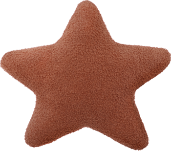 Miękka, brązowa poduszka w kształcie gwiazdy, widok z przodu. Pluszowa faktura, idealna do pokoju dziecka.