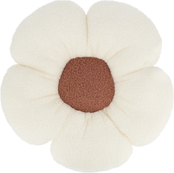 Pluszowa poduszka w kształcie kremowego kwiatka z brązowym środkiem, widok z przodu. Miękka dekoracja.