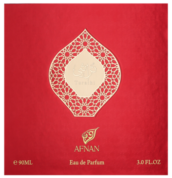 Afnan Turathi Red woda perfumowana dla kobiet, czerwone pudełko z białym ażurowym wzorem, widok z przodu.